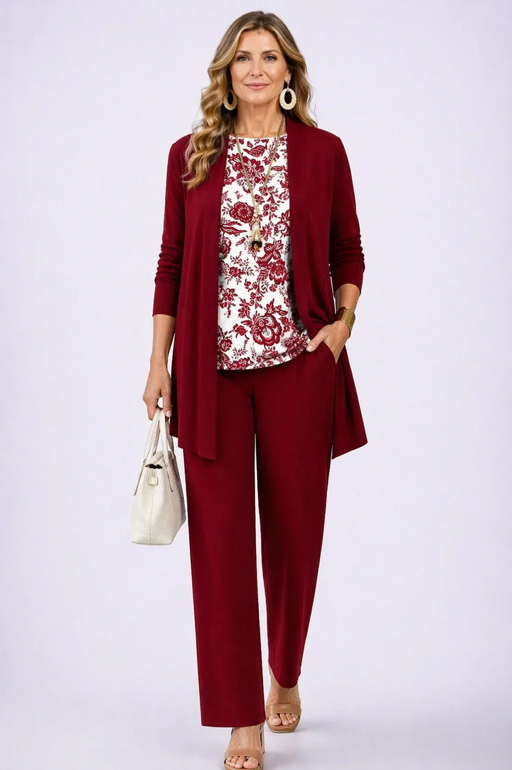 Séverine | Ensemble trois pièces fleuri bordeaux