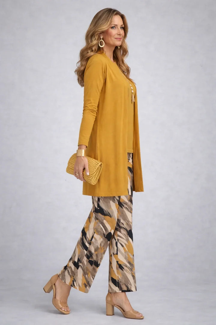 Yolande | Ensemble trois pièces moutarde à pantalon imprimé