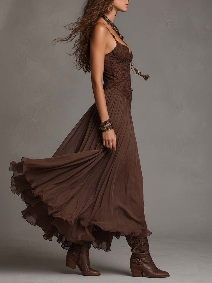 Félicie | Robe longue en mousseline et dentelle marron