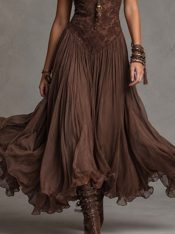 Félicie | Robe longue en mousseline et dentelle marron