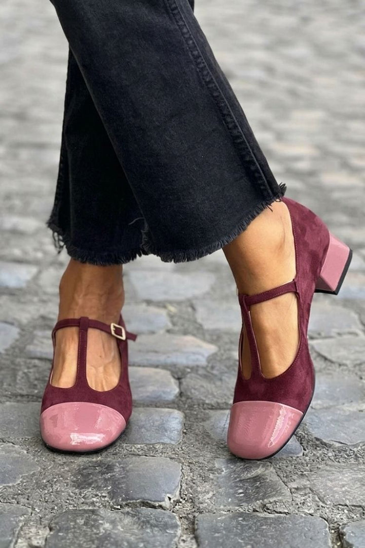 Talons larges color block Violet à bout rond avec boucle et bride en T