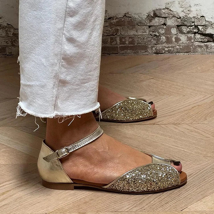 Sandales peep toe paillettes patchwork Or avec bride de cheville et boucle