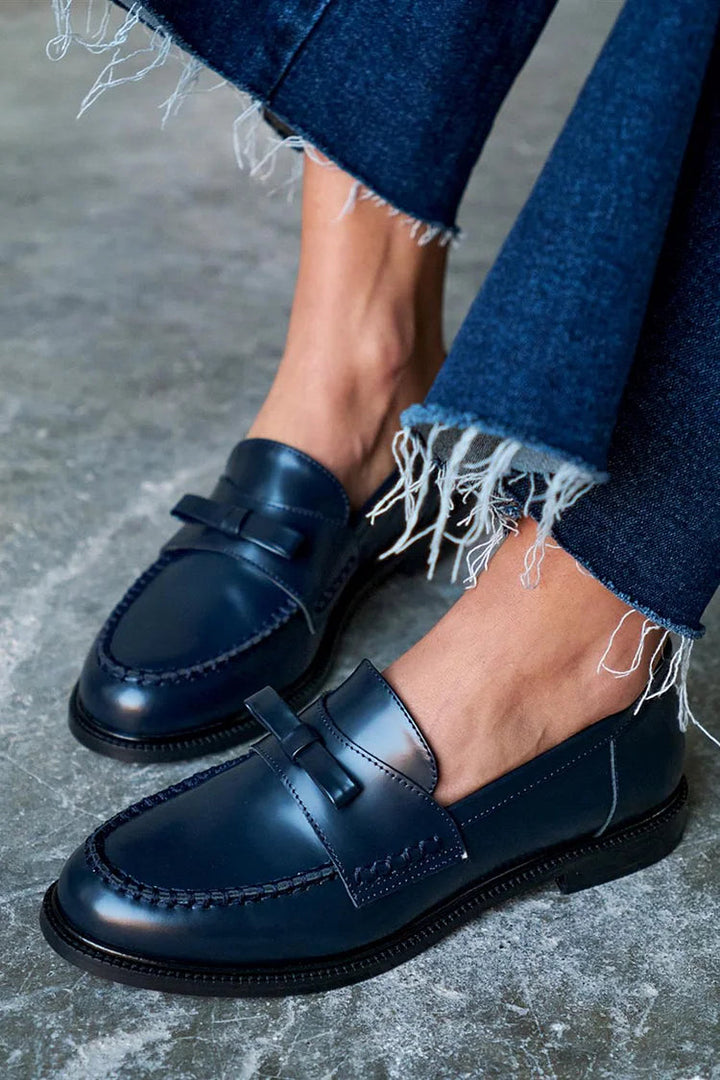 Mocassins patchwork Bleu Marine à bout rond en teinte unie avec nœud