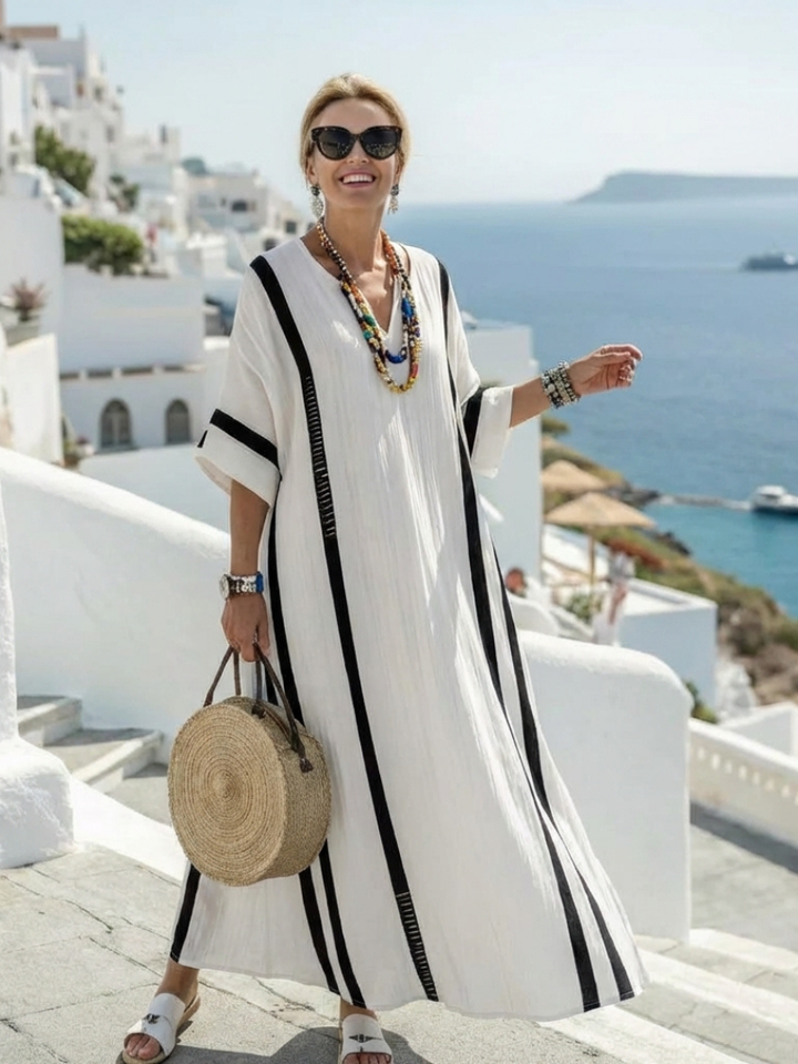Elvienne | Robe Maxi à Manches Courtes en Color Block Rayé