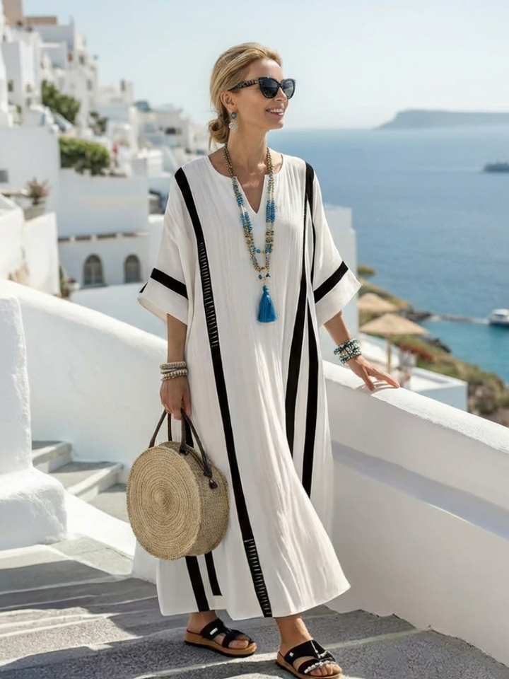 Elvienne | Robe Maxi à Manches Courtes en Color Block Rayé