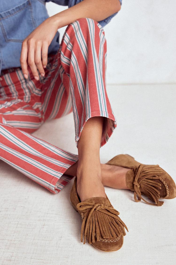 Mocassins Camel à bout rond unis avec franges