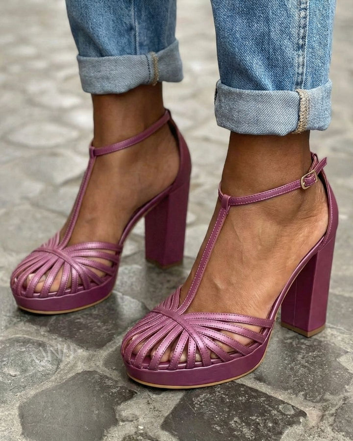 Sandales violettes à bout rond avec bride T, plateforme et talon large à bloc