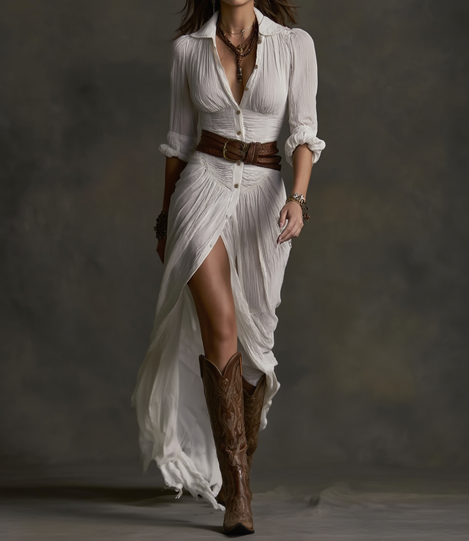 Philippine | Robe Longue en Coton-Lin à Col Inversé