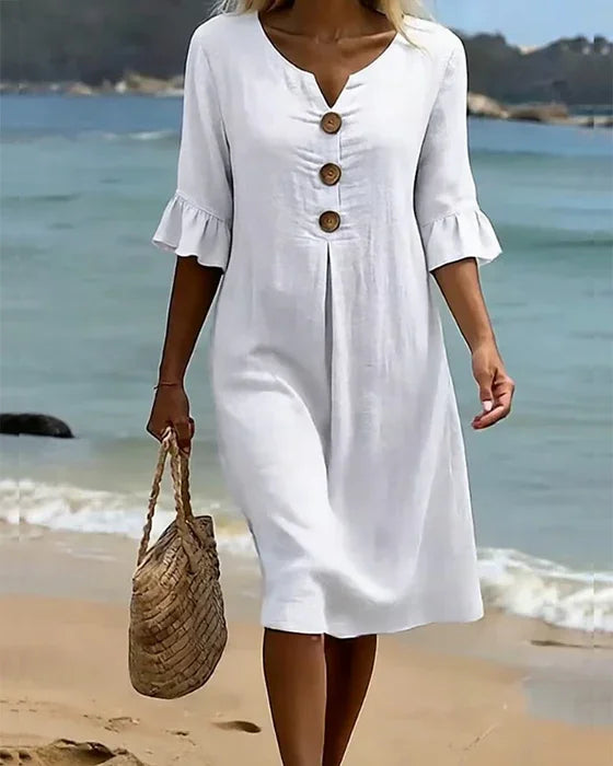 Vanesa | Robe en lin texturé avec manches ballon et boutons