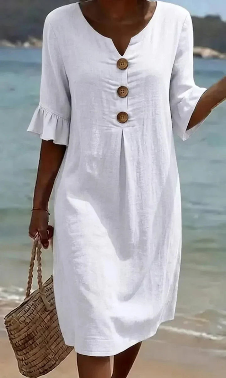 Vanesa | Robe en lin texturé avec manches ballon et boutons