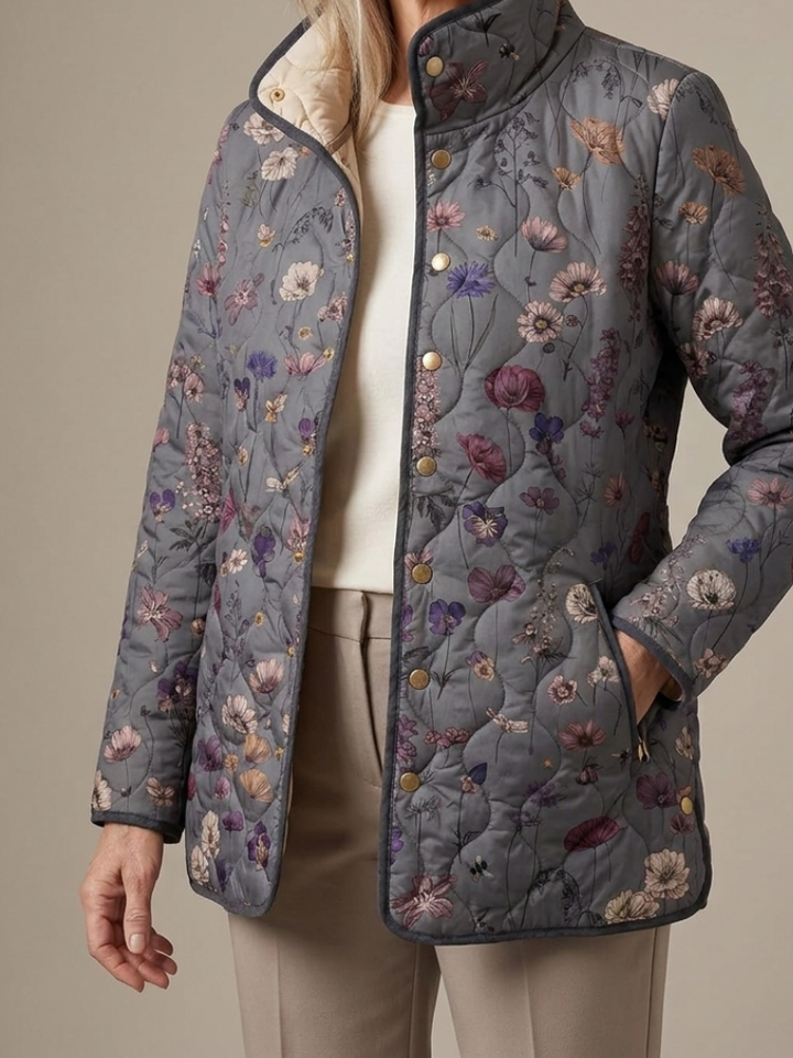 Aude | Manteau matelassé gris à imprimé floral vintage