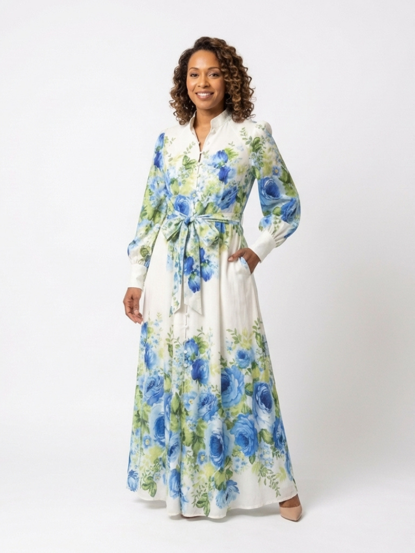 Harper | Robe Maxi à Manches Longues à Fleurs avec Boutonnage Avant