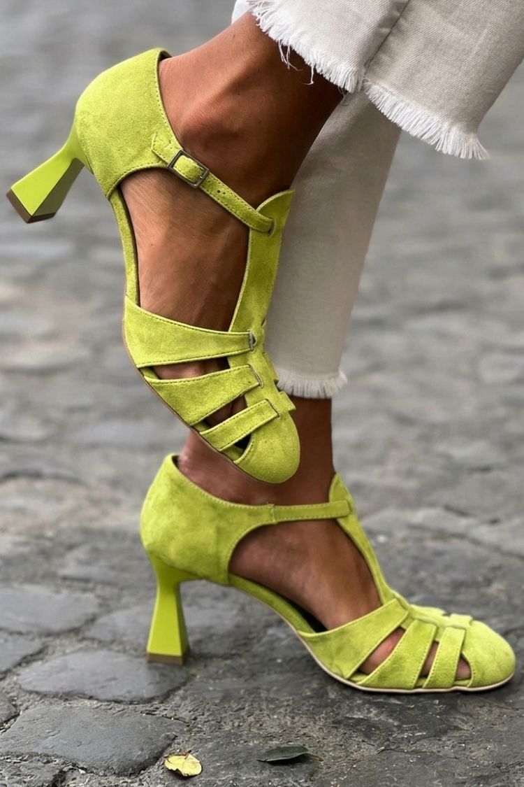 Sandales à talons cut-out en crochet Vert à bout fermé