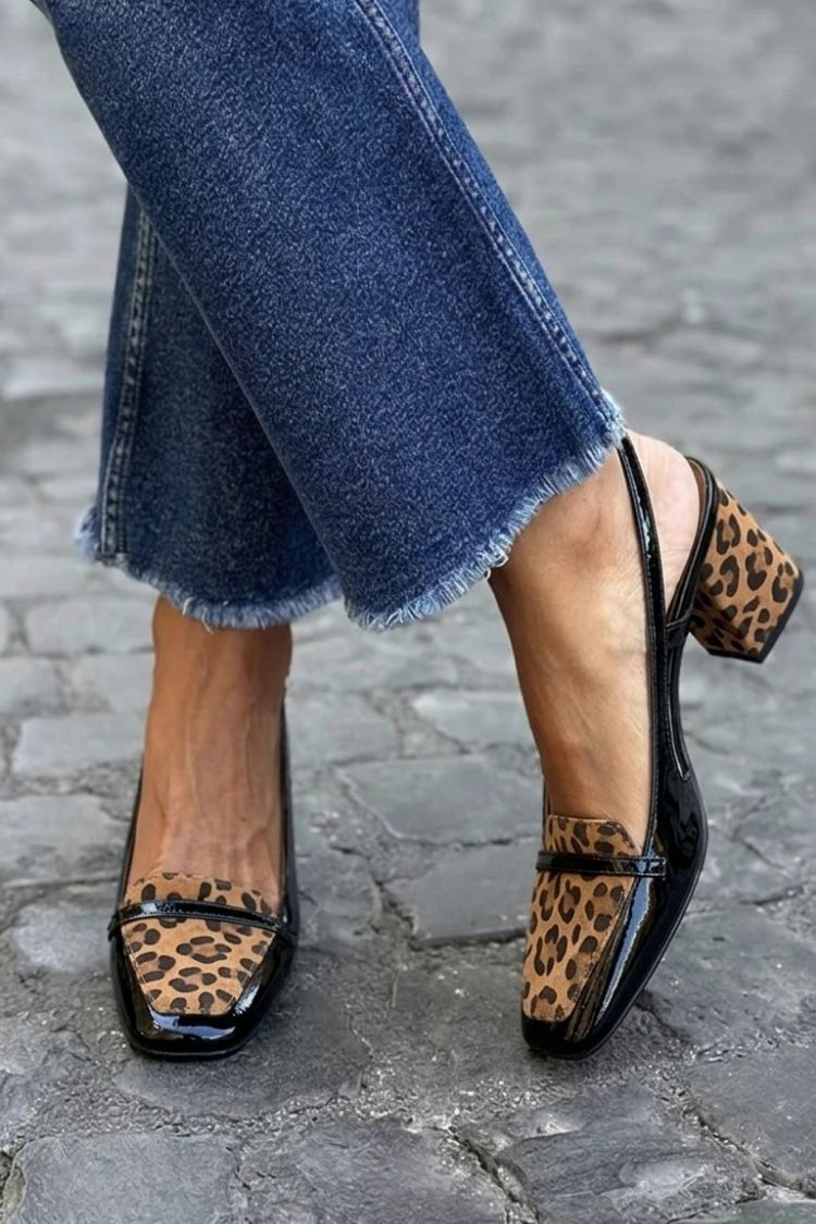Talons larges slingback patchwork violet à bout carré