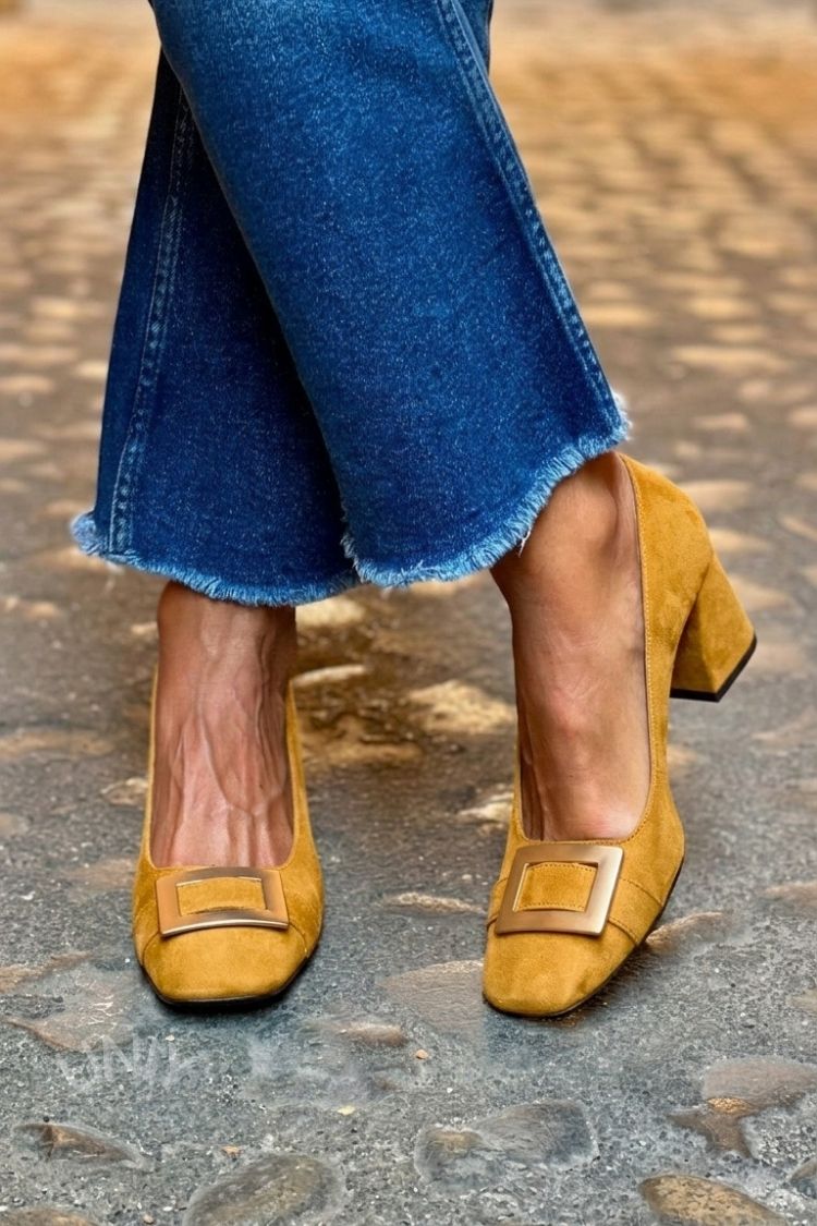 Talons larges patchwork Bleu Marine à bout carré