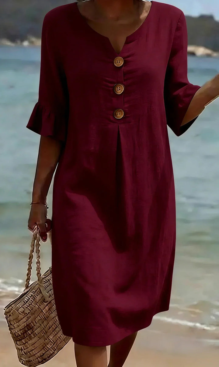 Vanesa | Robe en lin texturé avec manches ballon et boutons
