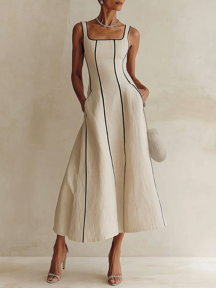 Amandine | Robe longue rayée en coton-lin à liseré noir