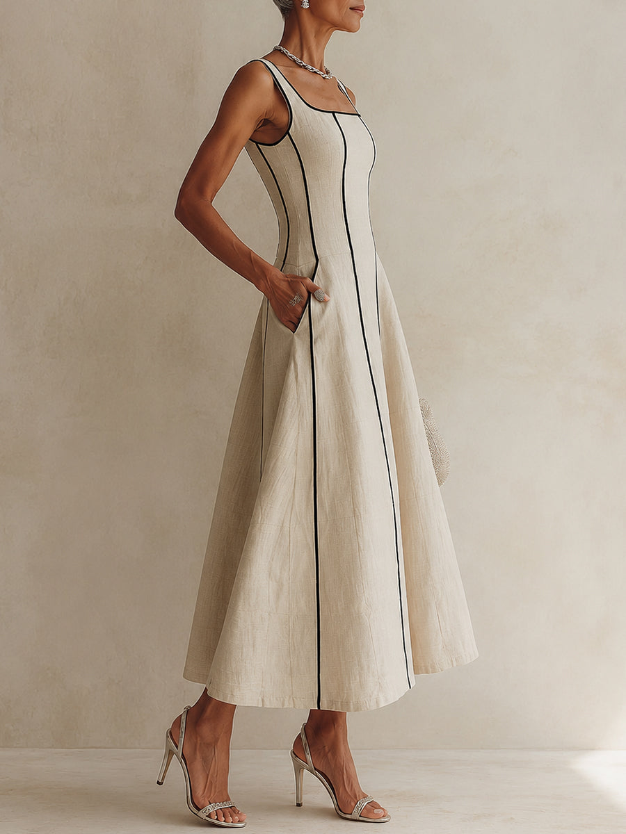 Amandine | Robe longue rayée en coton-lin à liseré noir