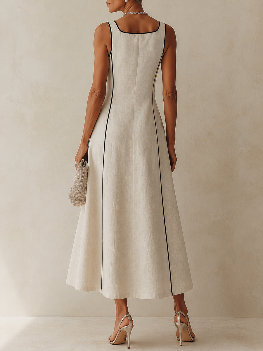 Amandine | Robe longue rayée en coton-lin à liseré noir