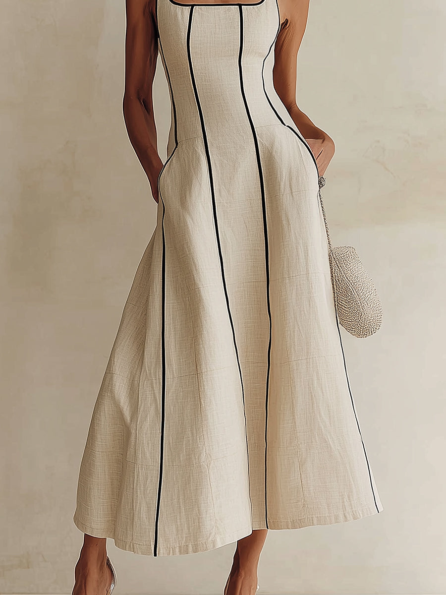 Amandine | Robe longue rayée en coton-lin à liseré noir
