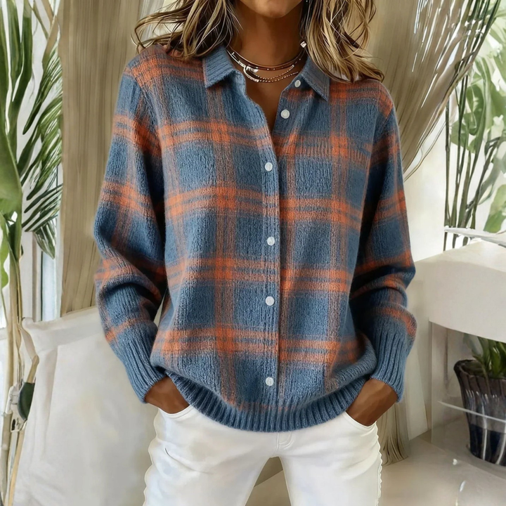 Garance | Cardigan en maille à carreaux bleu