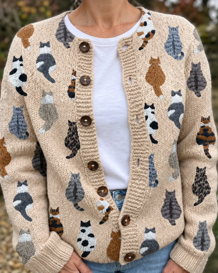 Charlotte | Cardigan en tricot doux à boutons avec imprimé chat