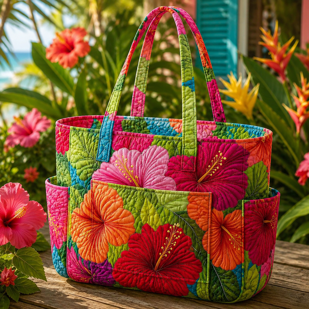Catherine | Sac cabas matelassé aux hibiscus lumineux