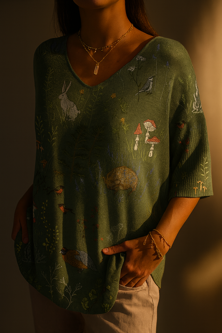 Pull en tricot avec motif répétitif de forêt et animaux pour femmes