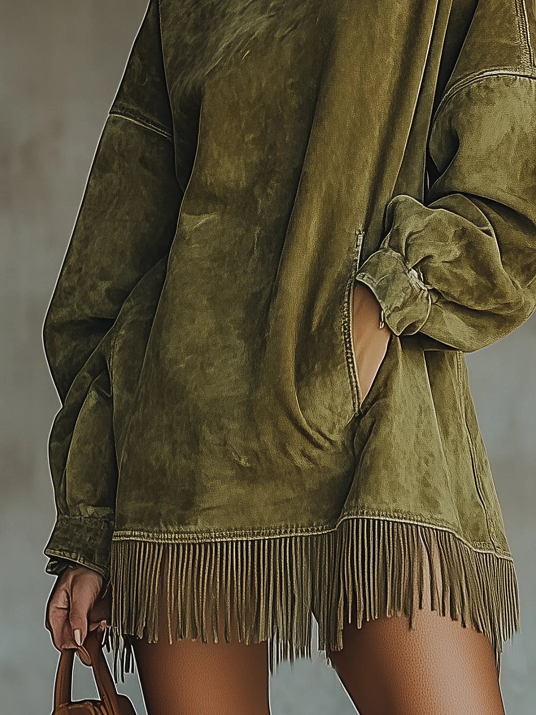 Sixtine | Robe en Suédine à Col Montant et Franges