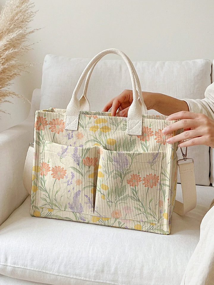 Xavière | Sac cabas en velours côtelé lavande et marguerites
