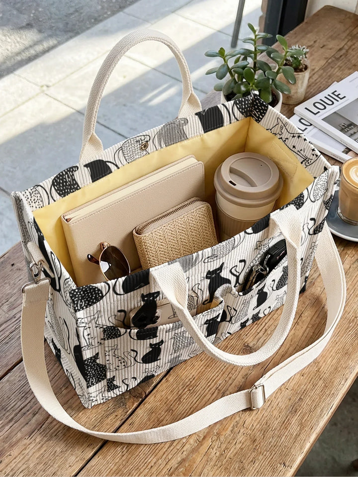 Noa | Sac cabas en velours côtelé petits chats graphiques