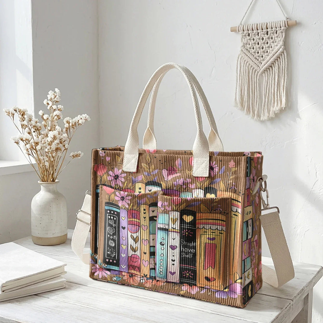 Ysé | Sac cabas en velours côtelé livres et fleurs