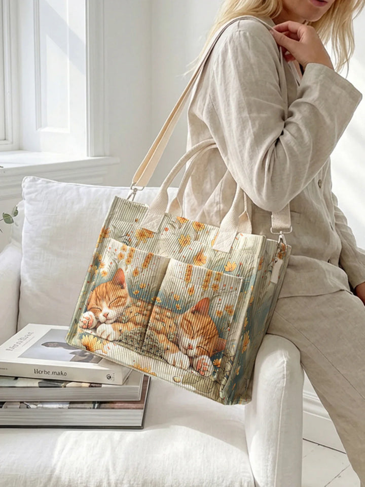 Pascaline | Sac cabas en velours côtelé chat endormi