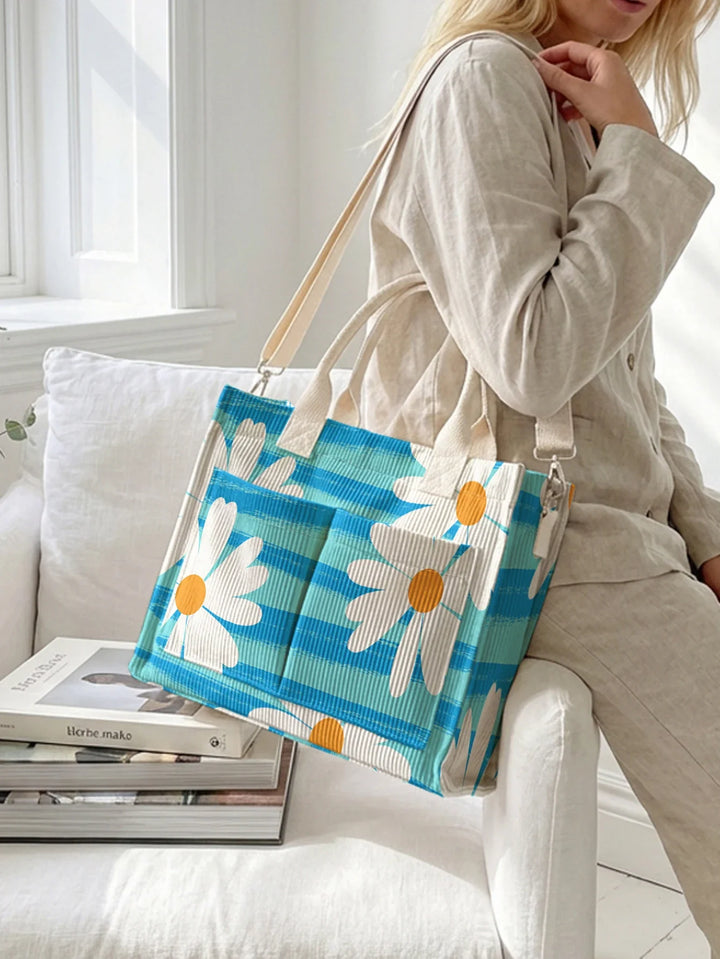 Toinette | Sac cabas en velours côtelé marguerites et rayures bleues