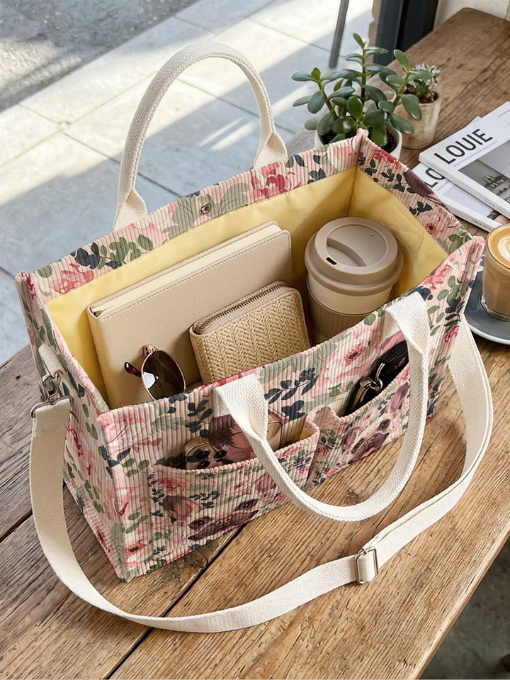 Pétronille | Sac cabas en velours côtelé bouledogue fleuri