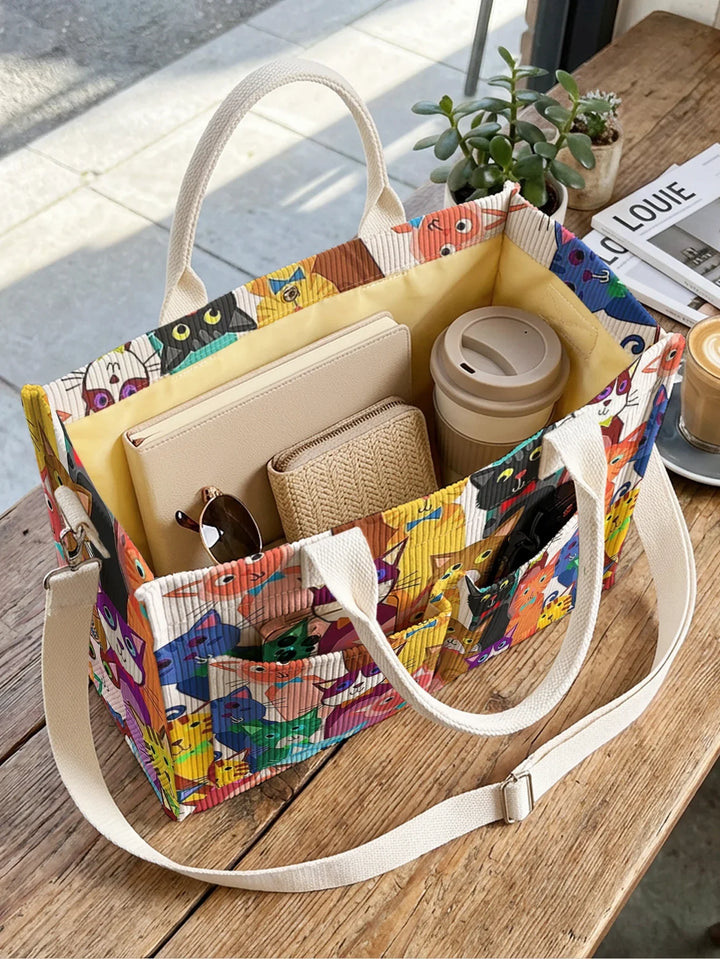 Prisca | Sac cabas en velours côtelé chats multicolores