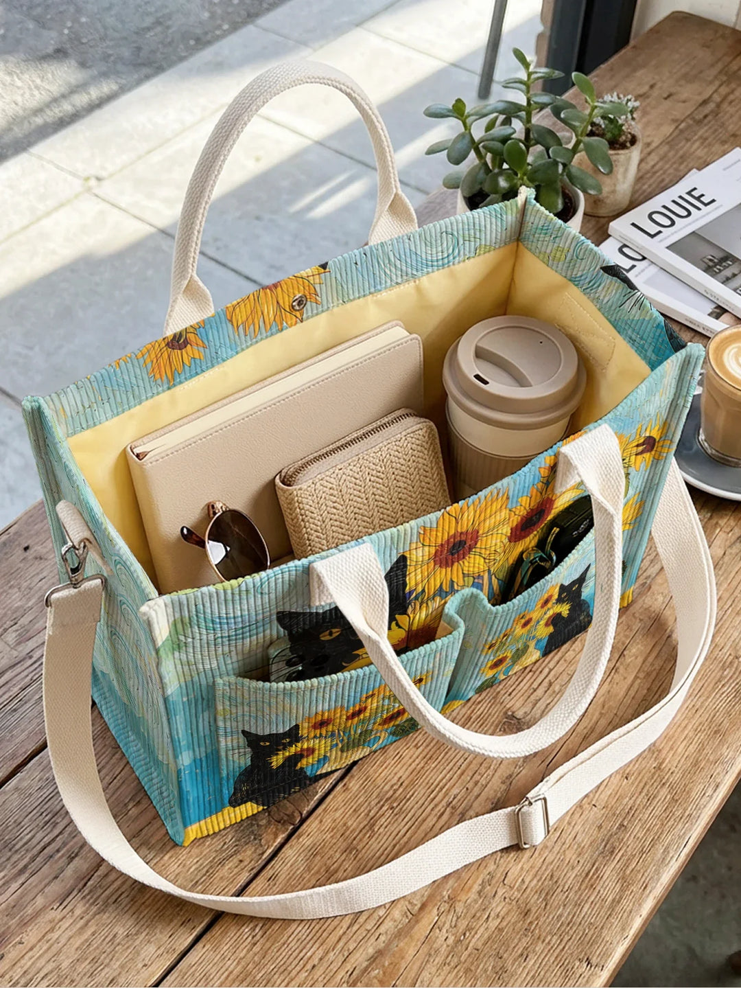 Pascale | Sac cabas en velours côtelé chat noir et tournesols