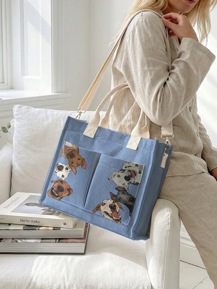 Régine | Sac cabas en velours côtelé chiens joyeux sur fond bleu