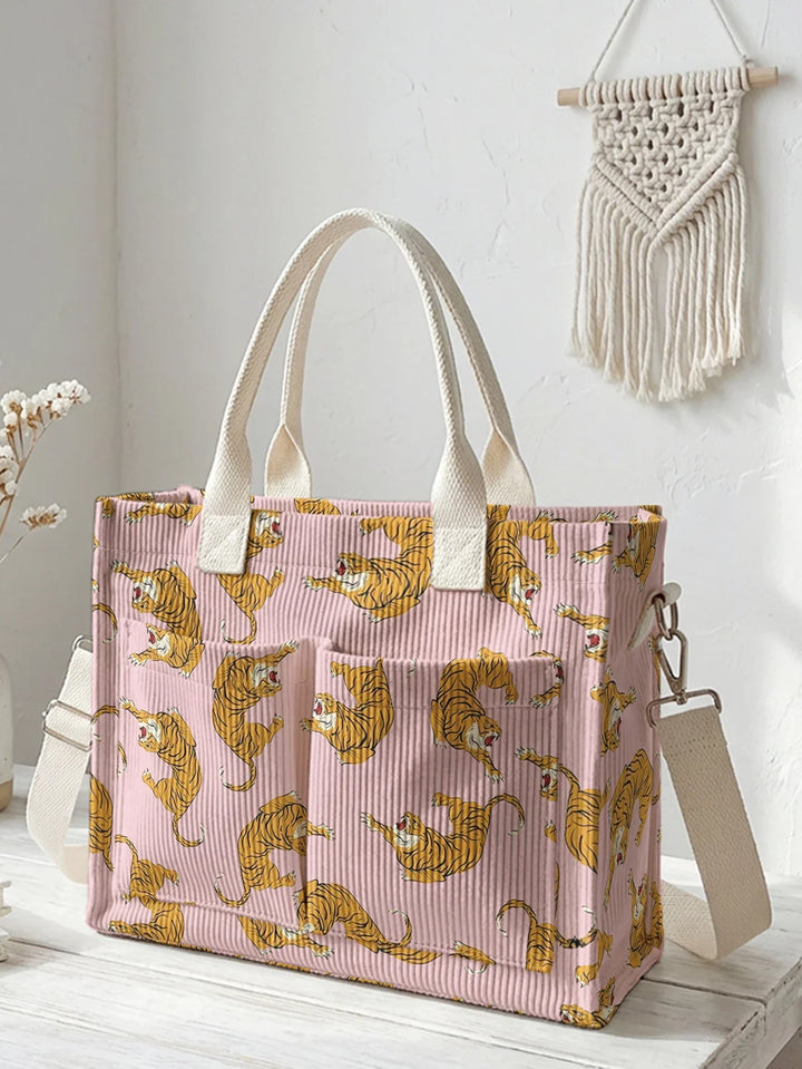 Ségolène | Sac cabas en velours côtelé félins sur fond rose
