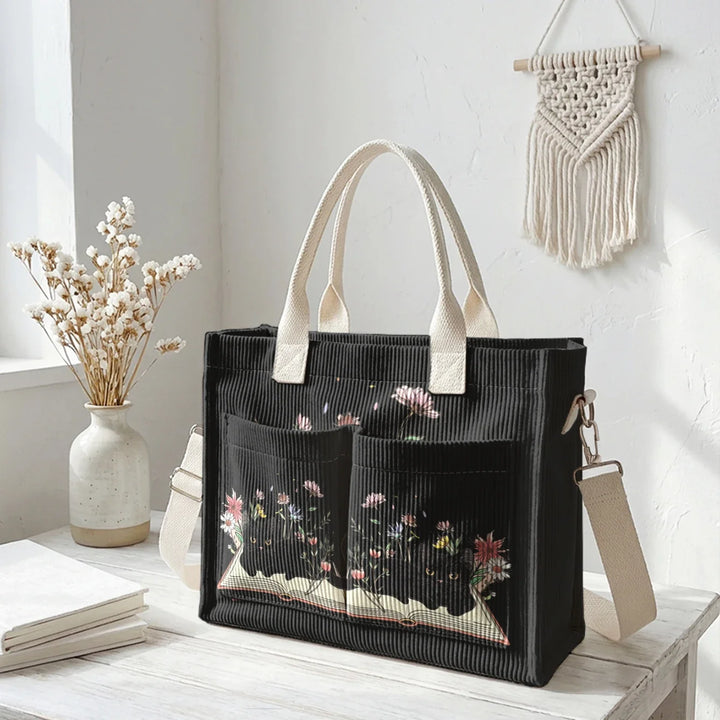 Nélia | Sac cabas en velours côtelé chat lecteur