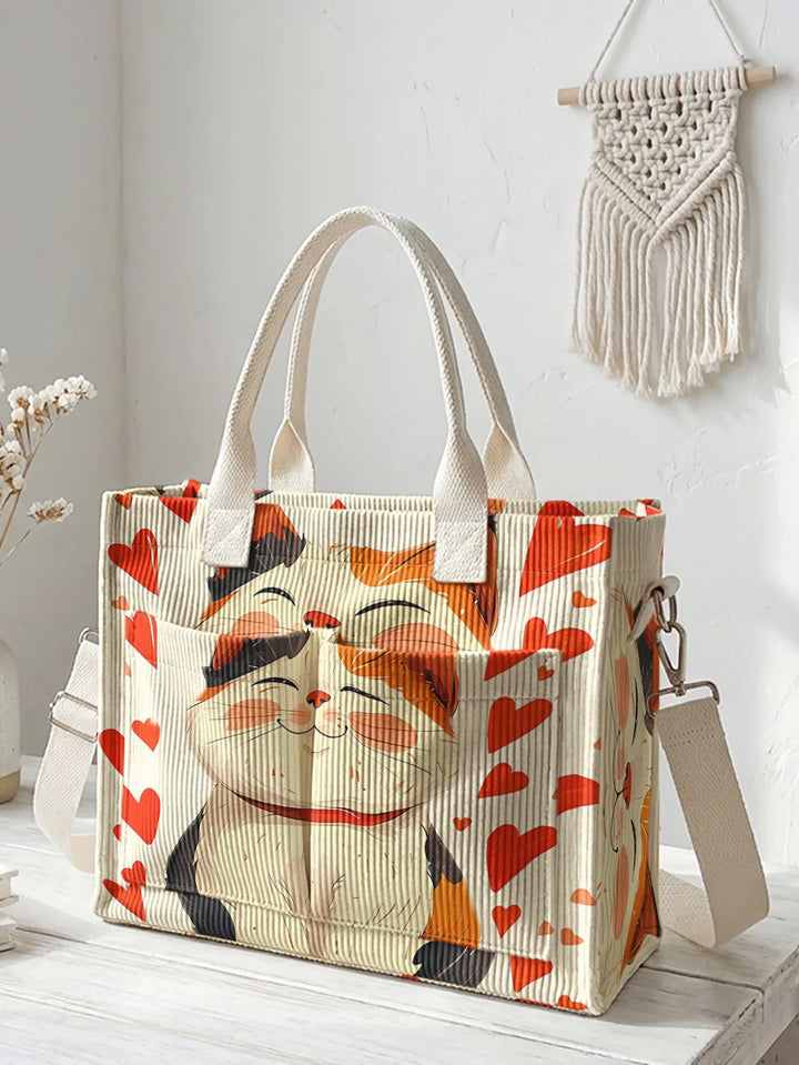 Naëlle | Sac cabas en velours côtelé chat porte-bonheur