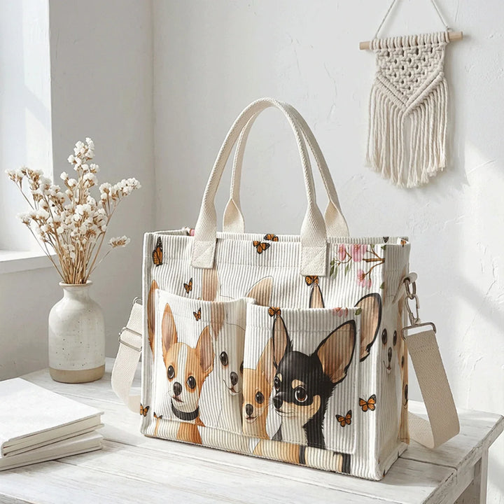 Rosine | Sac cabas en velours côtelé chihuahuas