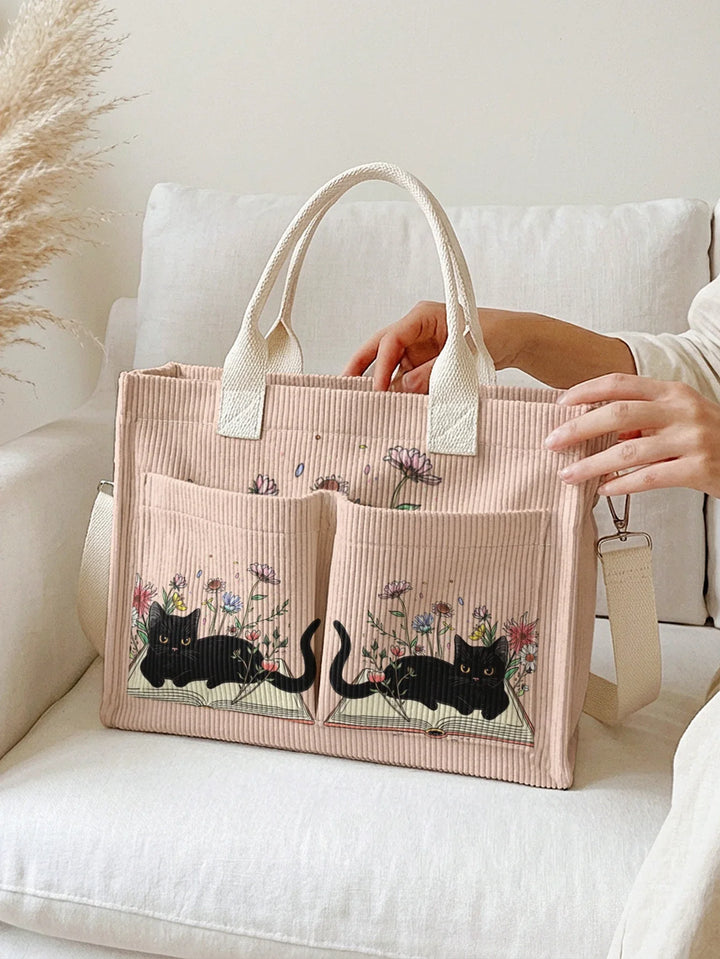 Nélia | Sac cabas en velours côtelé chat lecteur