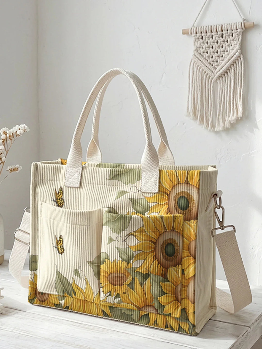 Sélène | Sac cabas en velours côtelé papillon et tournesols