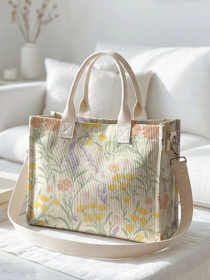 Xavière | Sac cabas en velours côtelé lavande et marguerites