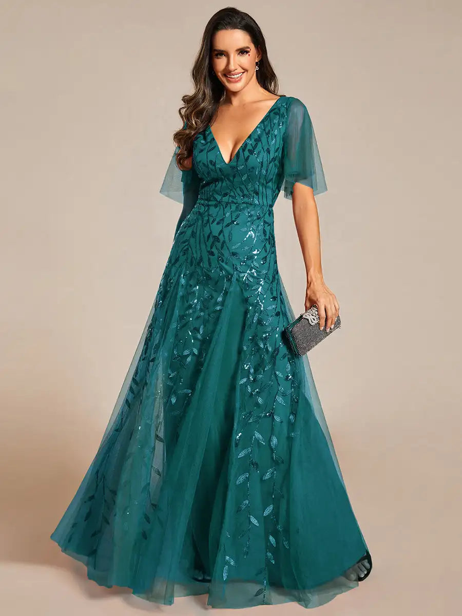 Tessa | Robe de Soirée avec Manches Volantes en Sequins