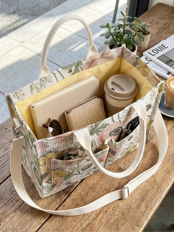 Théa | Sac cabas en velours côtelé anémones