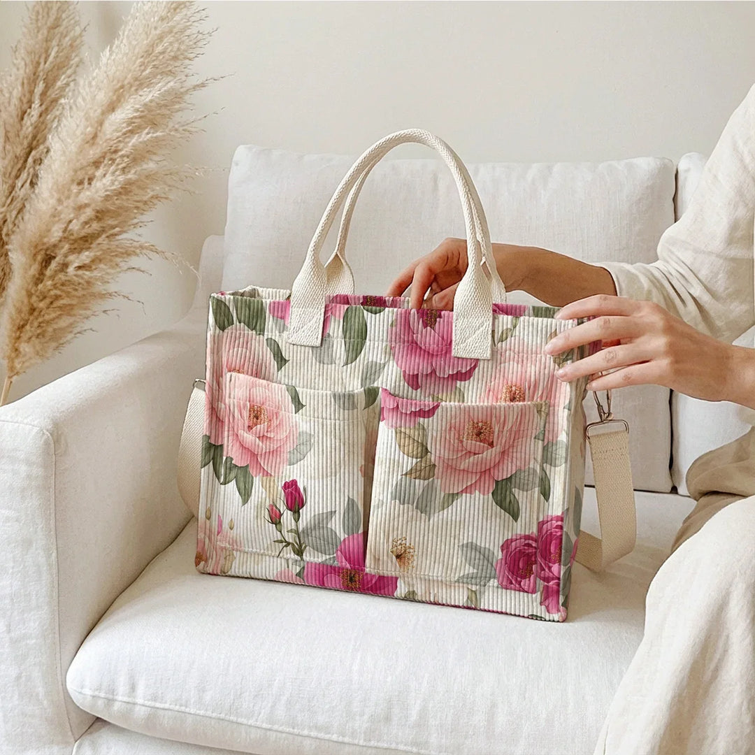 Thècle | Sac cabas en velours côtelé pivoines