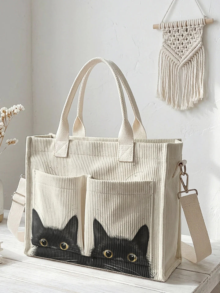 Orlane | Sac cabas en velours côtelé chats noirs espiègles
