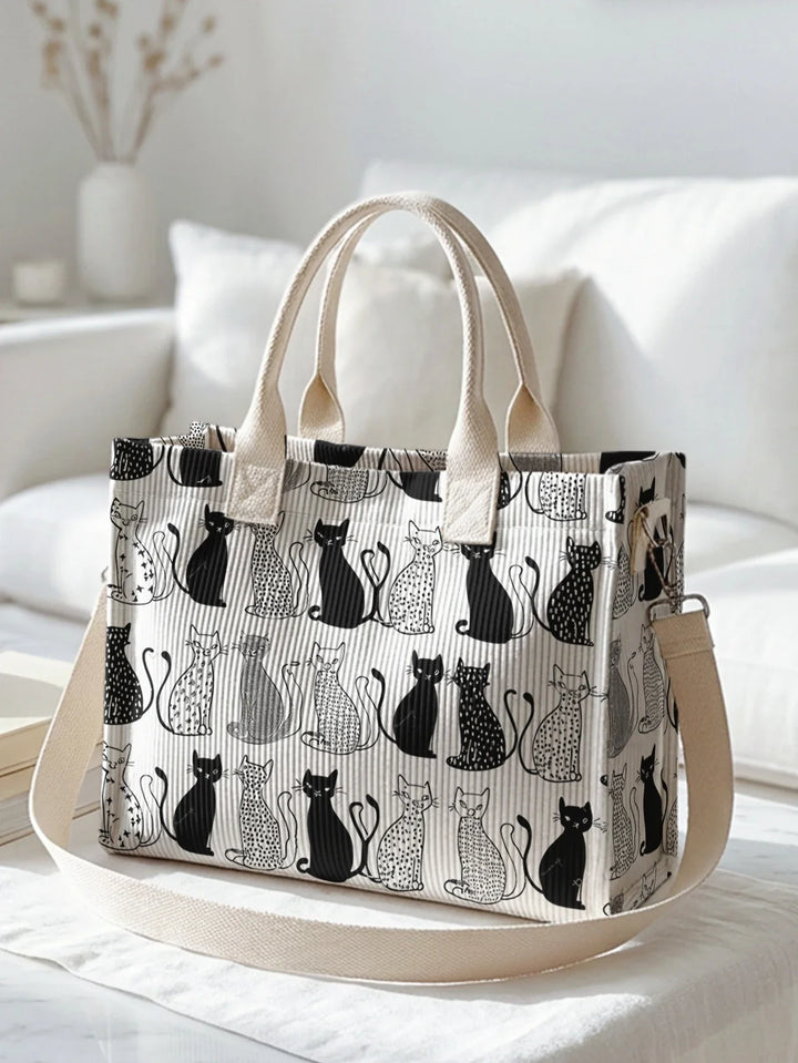 Noa | Sac cabas en velours côtelé petits chats graphiques